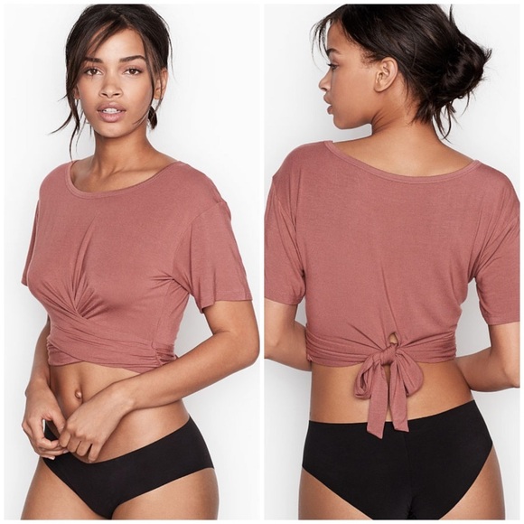 NWOT Victoria’s Secret VS Dusty Rose Pink Modal Twist-Tie Short Sleeves Tee - Picture 1 of 11